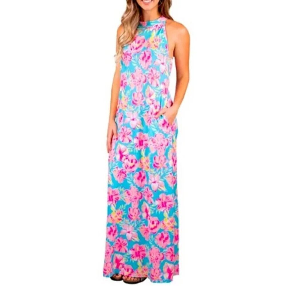 Simply Southern Halter Hibiscus‎ Maxi Dress